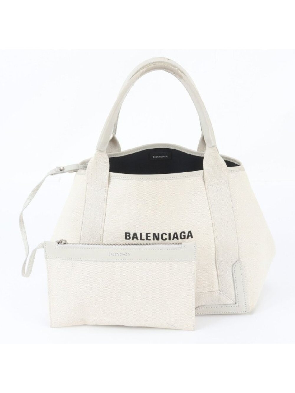 Balenciaga Navy Cabas Leather Canvas Tote Bag Shoulder